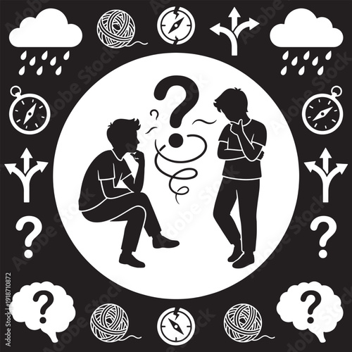 Two silhouetted figures in a circle, contemplating a question mark and tangled lines, surrounded by symbols of confusion and decision-making.