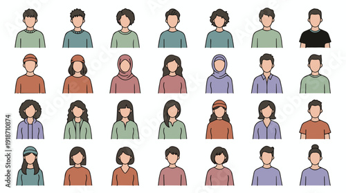 Diverse group of people avatars, minimalist flat vector icons set