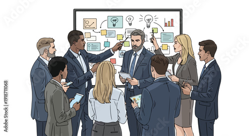 Diverse business team discussing and pointing at a presentation on a whiteboard with colorful charts and graphs in a professional setting.