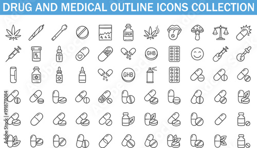 Drug and medical outline icons collection, cannabis, pills, syringe, pharmacy, addiction, healthcare, medication vector line set