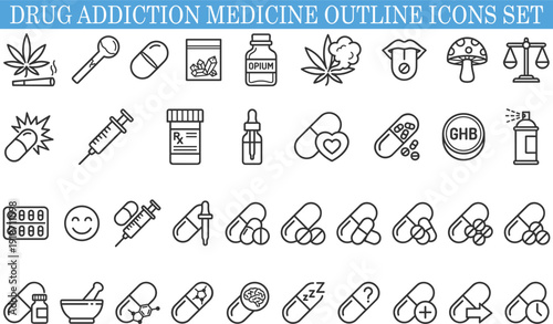 Drug addiction medicine outline icons set, cannabis pills syringes pharmaceuticals substances symbols collection for healthcare awareness design