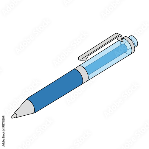 Blue pen with transparent barrel and silver accents.