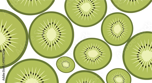 Flat lay of sliced kiwis on a white background, showcasing their green color and starburst patterns.