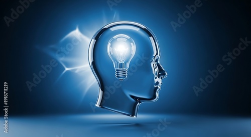 A translucent human head silhouette contains a glowing lightbulb symbolizing thought innovation and the power of ideas high quality professional detailed modern elegant
