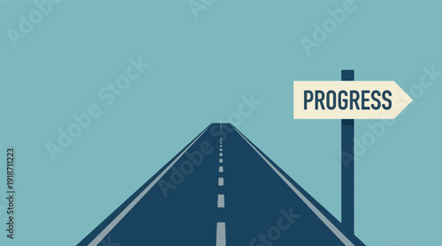 Conceptual image of a long road with a sign pointing to progress