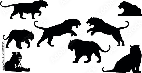 Collection of animal silhouettes featuring lions and tiger in various poses
