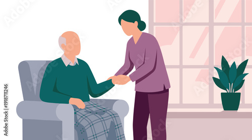 Caring young woman holding hands with an elderly man at home, providing support.