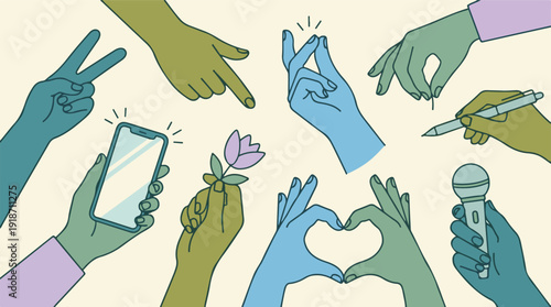 Diverse hands with gestures and objects representing communication and creativity