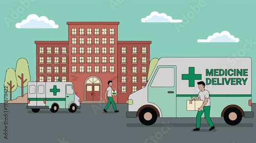 Medicine Delivery Service with Vans and Couriers in Front of Building