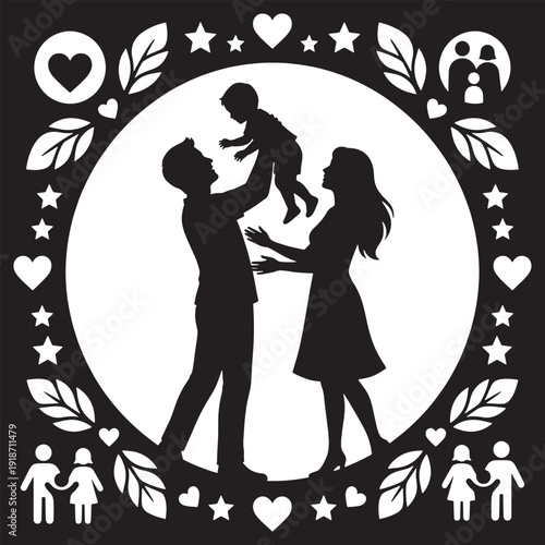 Silhouette of a happy family with a baby, framed by decorative elements symbolizing love and growth.