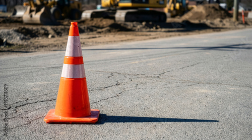 An orange traffic cone stands on an asphalt road with heavy construction machinery in the blurred background