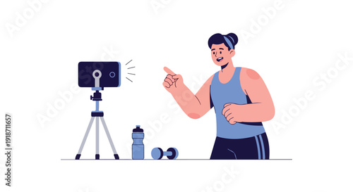 Illustration of a fit man recording a video on a smartphone tripod while wearing headphones and a blue tank top with fitness equipment nearby on a plain white background.