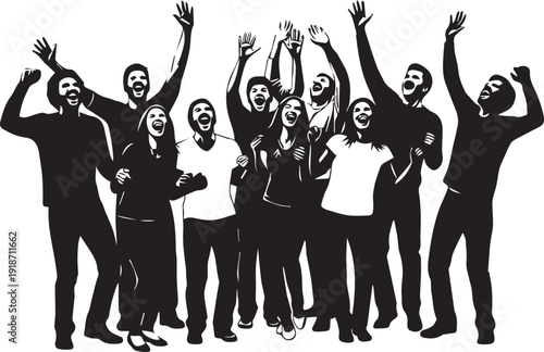Group of people cheering, celebrating, happy crowd, vector illustration