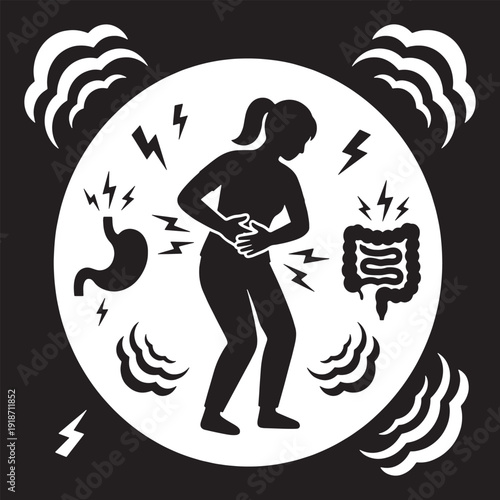 Silhouette of a woman experiencing severe abdominal pain and discomfort, with illustrations of stomach and intestines.