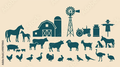 Comprehensive Farm Animals and Agriculture Symbols Silhouette Collection
