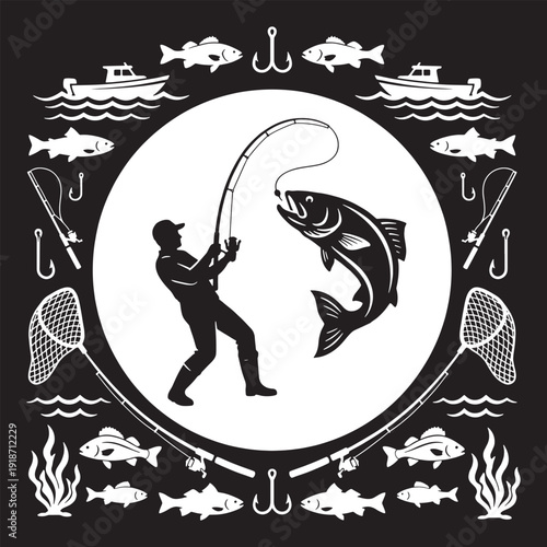 Fisherman reeling in a large fish, surrounded by fishing equipment and boats in a circular design.