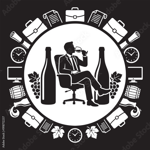 Businessman enjoying wine in office, surrounded by business and wine symbols.