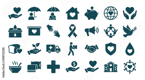 Charity and Donation Icons Set for Social Help and Support Concepts