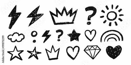 Collection of hand drawn doodle icons and symbols in black and white