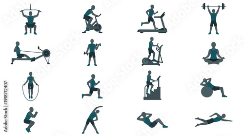 Fitness exercises and gym equipment icons collection on white background