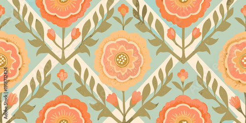 A repeating floral pattern with orange and pink blossoms on a teal background