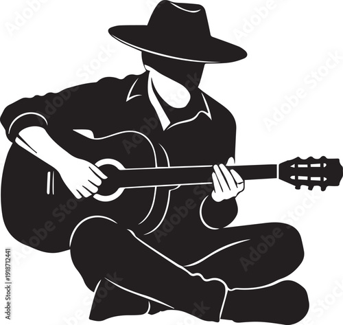 Cowboy playing guitar vector silhouette illustration sitting cross legged with western hat