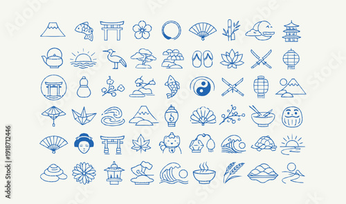 Abstract white background with scattered simple blue line drawings