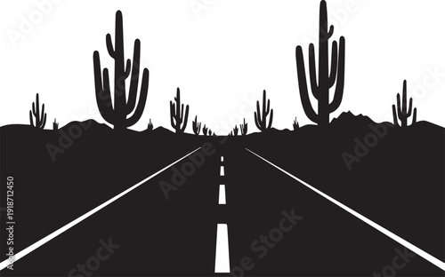 Desert road perspective vector silhouette illustration with cactus and mountain landscape