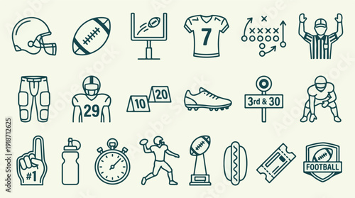 American Football Sport Line Art Icons Set on White Background