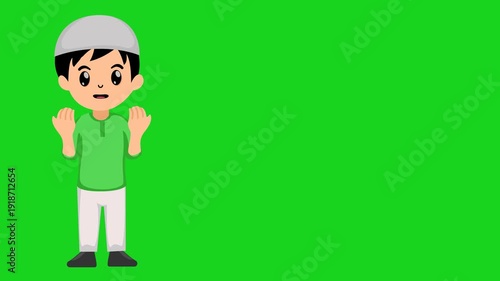 Cute Muslim boy cartoon in prayer pose with green screen background. Animation of a child praying