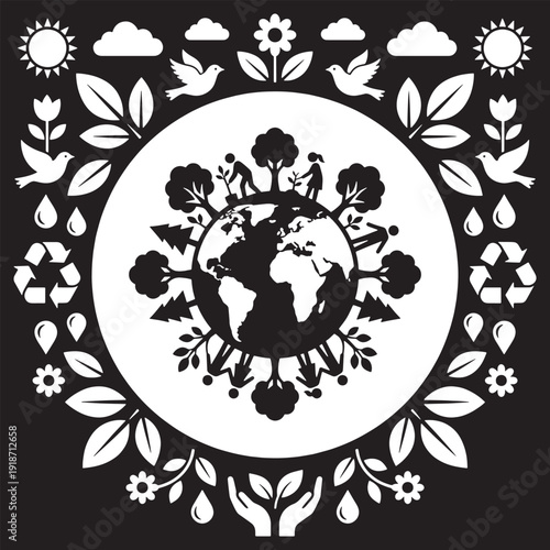Circular illustration representing global environmental conservation and sustainability efforts with people planting trees around the Earth.
