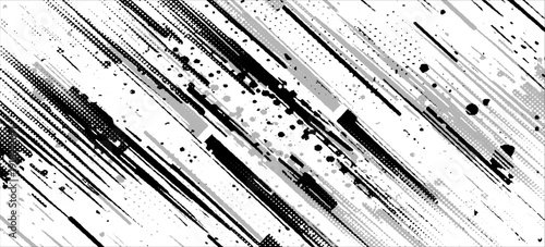 Distressed background in black and white texture with dots, spots, scratches and lines. Abstract vector illustration