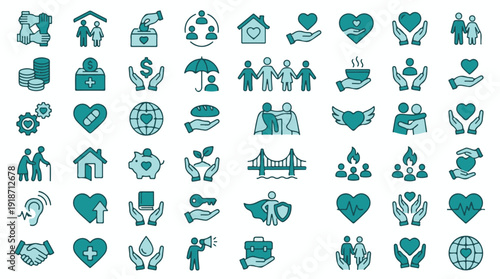 Charity, Community, and Social Care Line Icons Set in Teal Color