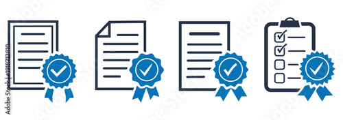 Certified Document Icons. Certificate File with Badge. Approved Certificate File Icons, Document with Ribbon Badge. verification verified document seal certificate authentication badge. Quality Stamp 