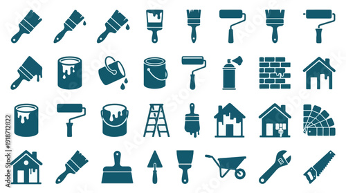 Construction and Painting Tools Vector Icons Set for Home Renovation