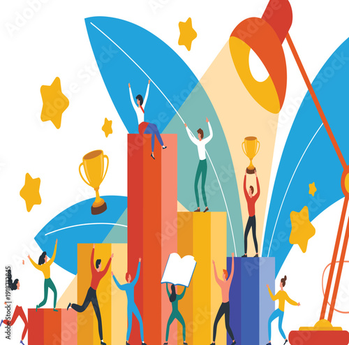 People celebrating business success with growth charts and awards