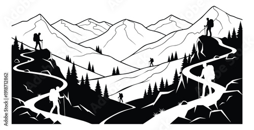Line art illustration of mountain hikers depicting a trekking journey for outdoor adventure
