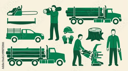 Lumberjack Tools, Vehicles, and Workers in Green Silhouettes