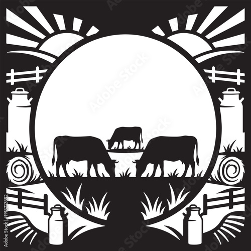 Farm scene with cows grazing in a field, milk cans, hay bales, and a rising sun.