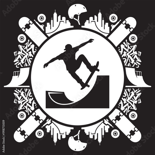 Silhouette of a skateboarder performing a trick on a ramp, surrounded by urban elements and skateboards.