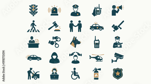 Law enforcement, police, and security services flat icon set
