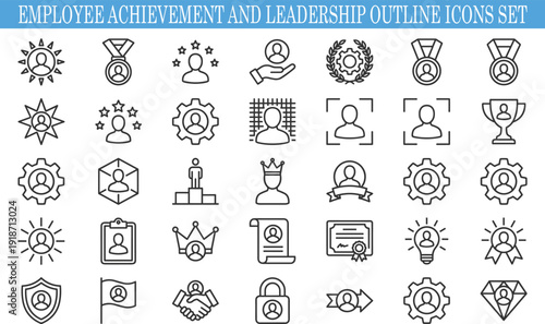 Employee achievement and leadership outline icons set, human resources recognition success awards teamwork career management collection