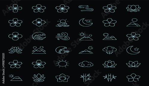 Minimalist design featuring a flower mountain and rising sun