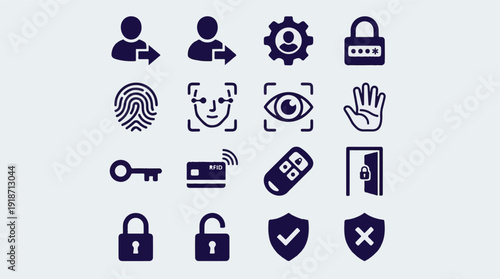 Cybersecurity and Access Control Icons: Biometric Authentication, Digital Security