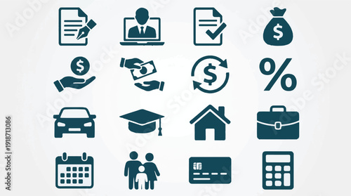 Financial and Business Icons Set: Money, Document, Home, Car, Family, Calculator