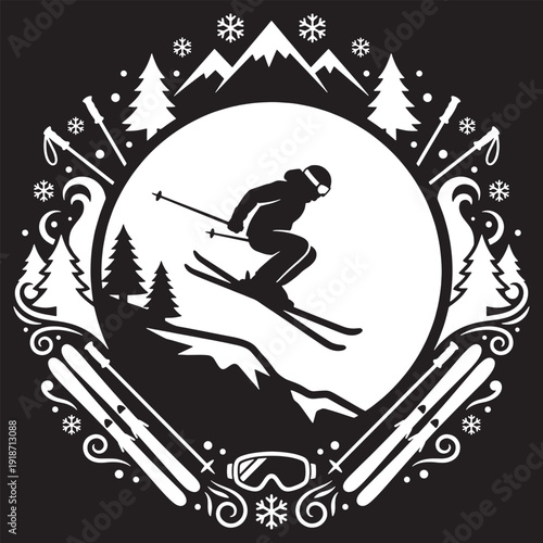 Silhouette of a skier descending a snowy mountain slope surrounded by decorative winter elements.