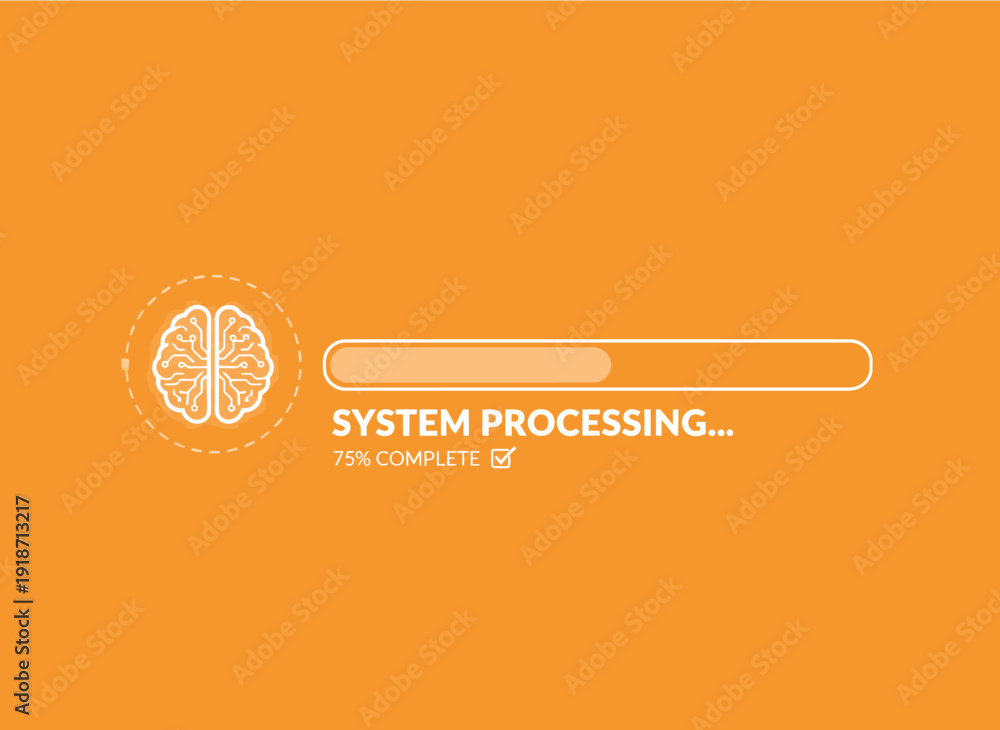 Fototapeta premium System processing concept with brain icon and progress bar on orange background.