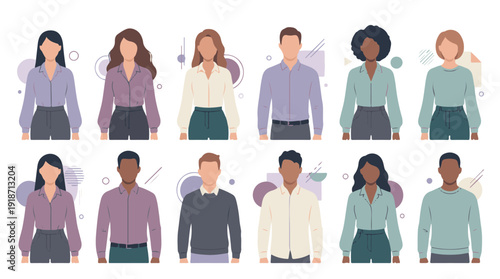 Diverse group of professional men and women in various business casual attire