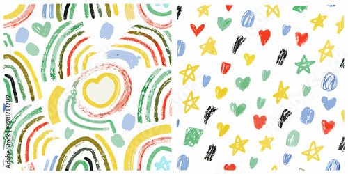 Colorful crayon shapes and patterns scattered across a white background