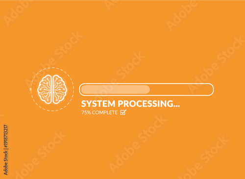 System processing concept with brain icon and progress bar on orange background.